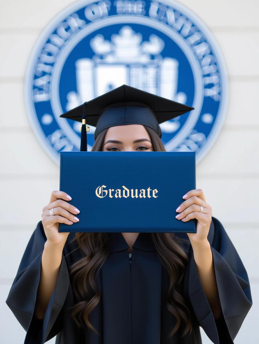 A graduate holds a diploma close to their face and smiles. Graduation cap is tilted with tassel visible. Background features a school logo, slightly blurred. Bright and celebratory atmosphere with natural light. Emotional tone of pride.