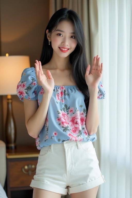 Model with straight black hair posing in luxury room. Wearing sky blue floral top and white shorts. Smiling and raising hands in a casual, natural demeanor.