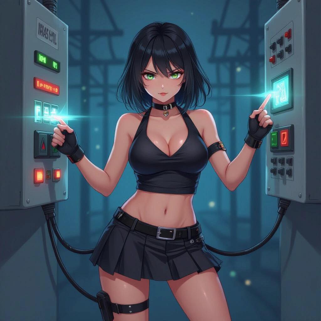 Dark hacker girl in a halter top flicking a power switch for a power grid. She wears a short skirt and has an intense expression.
