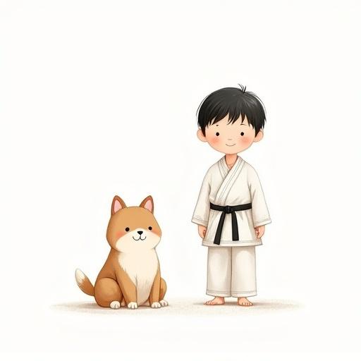 Whimsical cartoon-style illustration features a cute dog and a little boy. The boy wears a karate gi with a black belt and has short black hair. The dog sits calmly with a friendly expression. The background is white with soft pencil shading. Characters have a warm and charming aura.