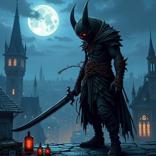 Full-body illustration of a goblin assassin holding a serrated blade. Tattered wrappings and glowing poison vials are visible. Background features a detailed moonlit rooftop in a dark city. Art style has bold lines, intense contrast, and anime-inspired colors.
