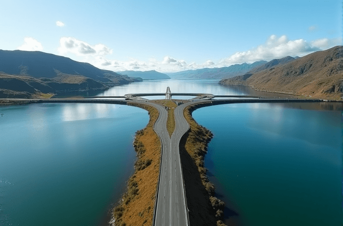 A scenic bridge with multiple lanes curves over a calm body of water, surrounded by hills under a clear sky.