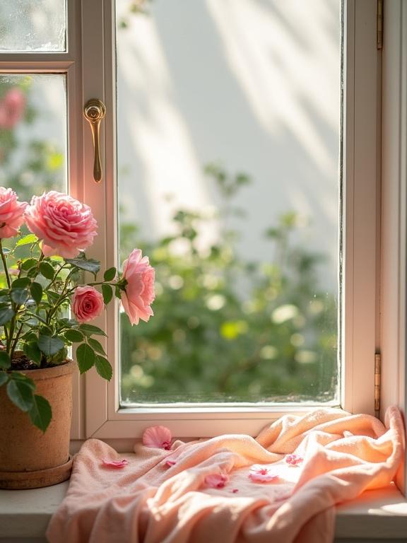 Outdoor window view with blooming roses and greenery. Pink rose petals on a peach cloth create warmth. Sunlight on a white wall adds depth to the scene. A soft ambiance focused on natural beauty.