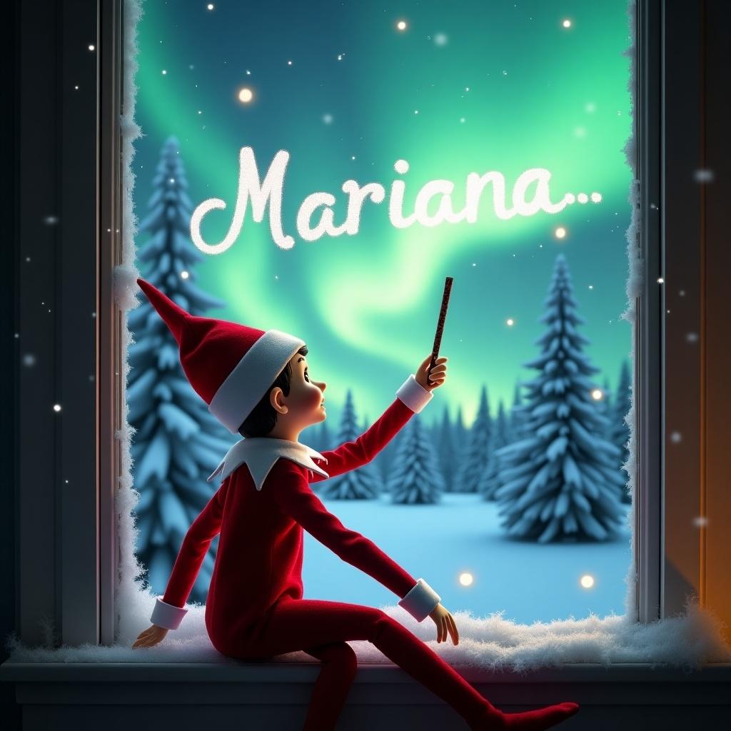 An adorable elf on the shelf sits on a window ledge. He uses a magical wand to create the name Mariana. The background shows stunning northern lights. The setting includes snow-covered pine trees. The elf wears a vibrant red outfit with white trim. The scene embodies a festive holiday feel.