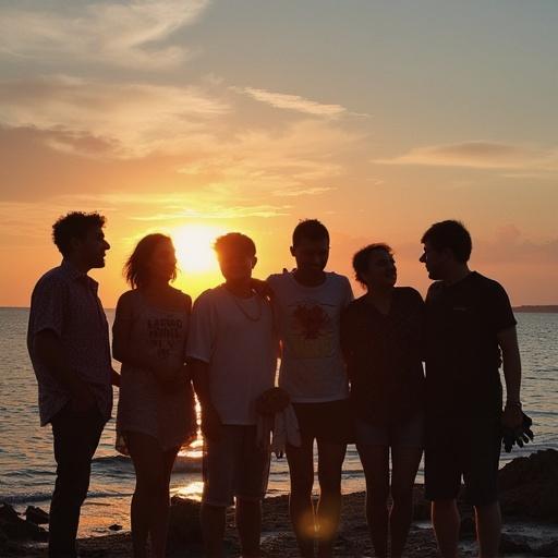 Capture a moment with a friend group of six people silhouetted against the sunset. Photo taken with a Sony Cybershot camera.