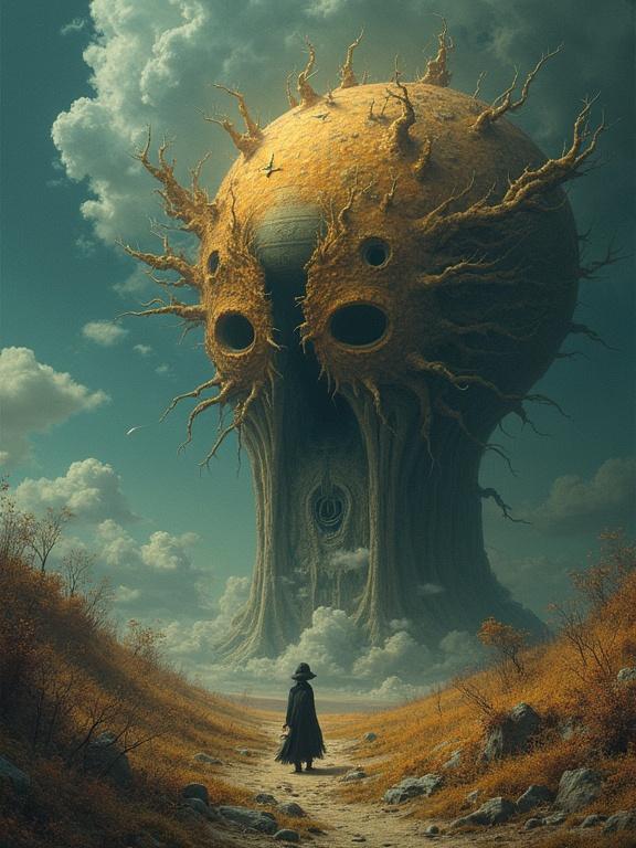 Surreal world featuring a giant sun-like structure resembling a face with branches. A figure cloaked in black stands on a path leading towards it among rocky terrain. Atmospheric clouds create an enchanting backdrop.
