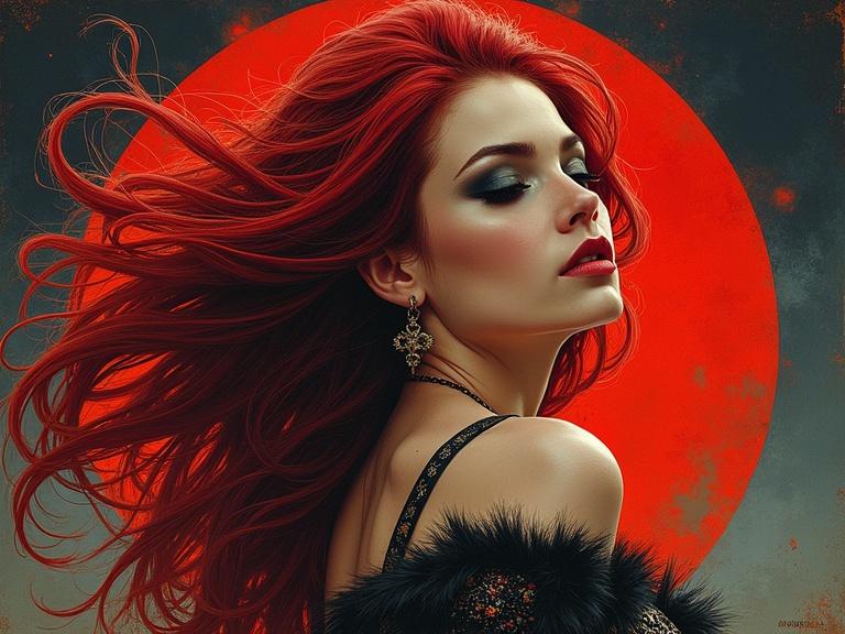 Disc cover design for a heavy metal band titled Furia Austral. The album name is Amor en la Tempestad. The main theme depicts a story about forbidden love. A young attractive woman with striking red hair is the centerpiece. The design reflects heavy metal aesthetics without copying existing artwork or displaying clear faces. Focus on artistic expression.