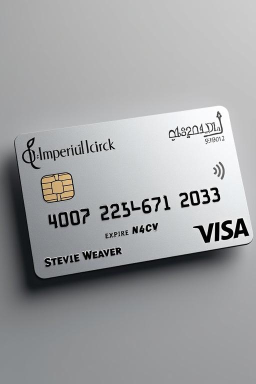 Realistic image of an Imperial Trust Bank credit card featuring a prominent Visa logo. Includes cardholder name Stevie Weaver and expiration date September 2035. Silver background with black font for modern elegance.