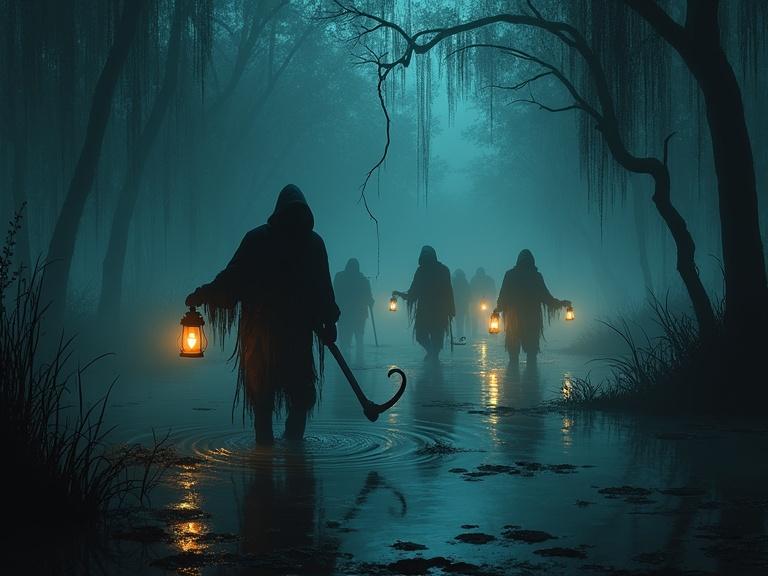 A nighttime swamp scene with silhouetted figures in knee-deep water. They use long poles with hooks to probe the depths. Some carry lanterns casting eerie light in the fog. The mood is mysterious and suspenseful with shadows.