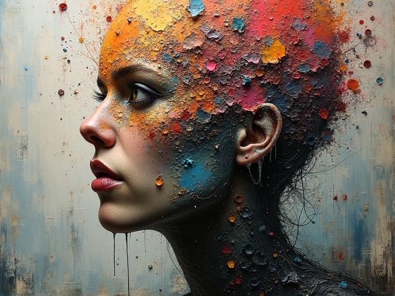 A portrait of a woman with a textured head made of various materials. Use vibrant colors and a mix of textures like jute, wood, and confetti. Show layers and depth in the artwork. Capture a beautiful and stunning composition with a side profile view. Utilize soft lighting to enhance the details.