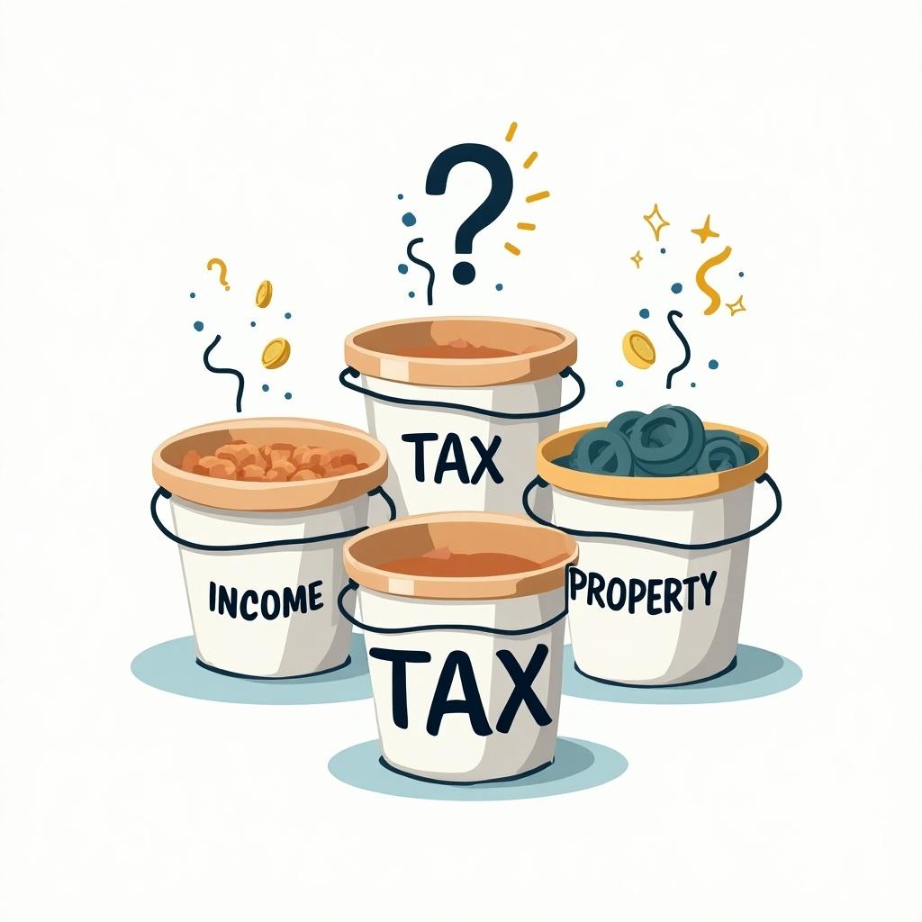 The illustration features four buckets labeled 'Income Tax', 'Property Tax', and 'Tax' with a question mark above them. Each bucket contains different items symbolizing various types of taxes. Bright colors like orange and blue enhance the engaging visual appeal. The buckets are placed against a simple white background, drawing attention to the tax themes. It's designed to illustrate concepts related to taxes in a fun and approachable way.