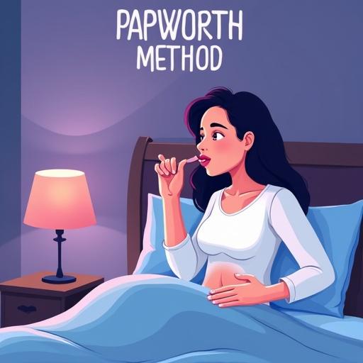 A woman demonstrating the Papworth Method. Focus on nasal breathing and controlled exhalation. One hand near nose and one on abdomen. Seated on bed in a bedroom with a bedside table and lamp. Modern realistic high-quality cartoon illustration. Purple and blue gradient background. Sleep instruction graphic. Text 'PAPWORTH METHOD' is at the top.