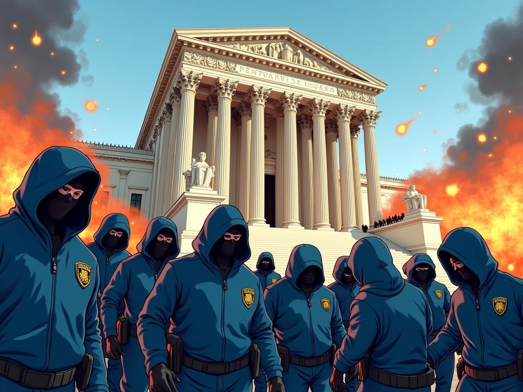 Cartoon depiction of hooded agents in blue uniforms storming the Supreme Court building. Dramatic scene captures urgency and tension. Fire blazing in the background contrasts with bright daylight. Agents portrayed ready for action.