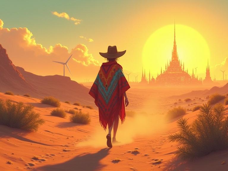 A digital painting depicting an androgynous figure in a colorful poncho and cowboy hat walking through a warm desert. Dust swirls gently at their feet. The sun sets low in the sky, illuminating a glowing solarpunk city on the horizon with wind turbines and greenery. The scene blends dreamlike hues and realism, conveying a sense of hope and solitude.