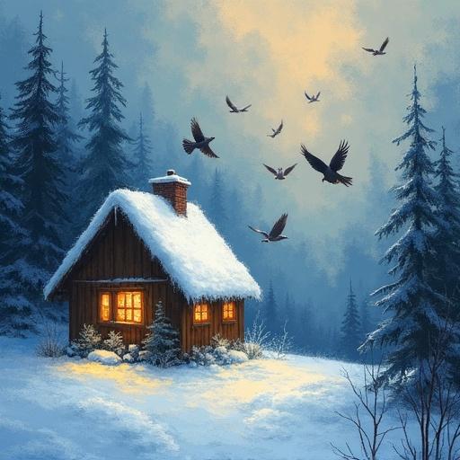 Snow-covered cabin surrounded by evergreen trees. Small birds flying toward glowing cabin roof. Soft and calming scene with lyrical realism style.