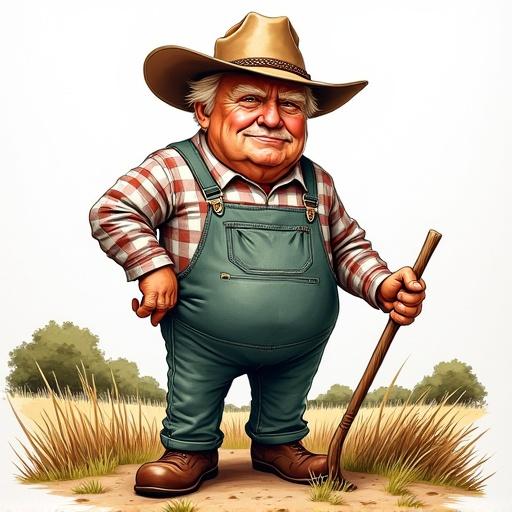 Cartoon illustration of a farmer character. Farmer wears a large hat and denim overalls. He holds a hoe and stands confidently. The setting is a ranch with scattered trees.