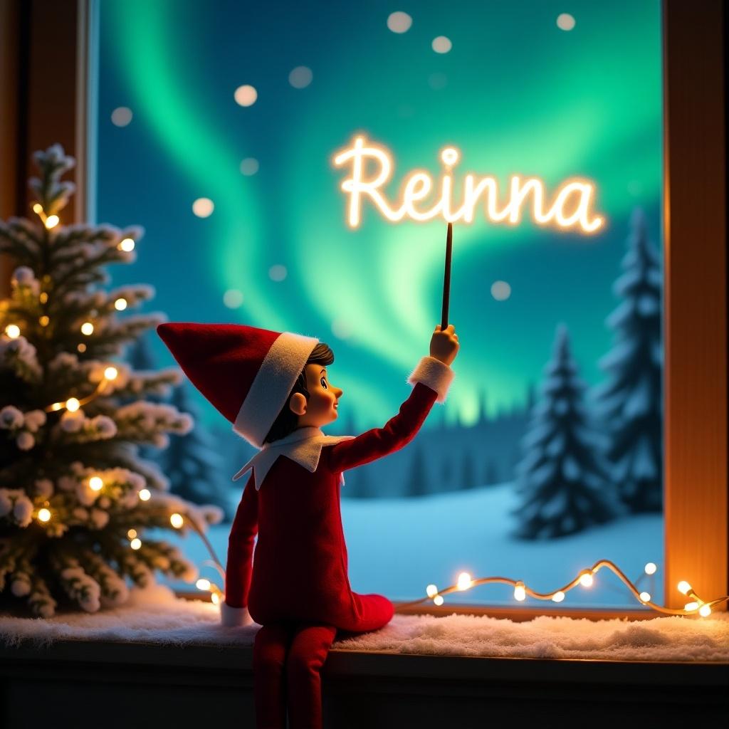 An enchanting Christmas scene featuring an elf on the shelf, who is facing the sky with his back to the viewer. The elf, dressed in red and white, wields a magic wand, writing Reinna in a glowing script above him. The backdrop is adorned with vibrant northern lights, adding a magical ambiance. The scene is festive, portraying the spirit of Christmas with a whimsical twist. The elf's position and action create a sense of wonder and excitement that captures the joy of the holiday season.