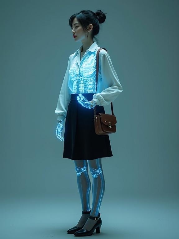A full-body depiction of a cyborg female in her mid-20s. She has jade-white skin. Partial view of her internal mechanical structure through a glowing cyan-blue holographic X-ray scan. Dressed in a pearl-white blouse and a black skirt. She wears sheer black pantyhose and low-block high heels. Her hair is styled in a bun. She carries a brown satchel and stands casually.