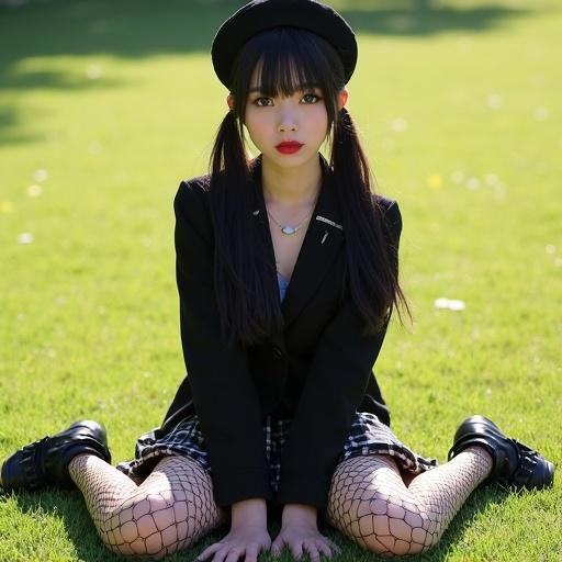 A young Asian woman sits in an outdoor setting wearing a black beret. She is dressed in a black jacket and a checkered skirt with fishnet socks. Her hair has bangs and pigtails. She has red lips and visible makeup. She is sitting on grass with her legs spread in a natural and relaxed pose. The scene is bright with warm tones of natural sunlight.
