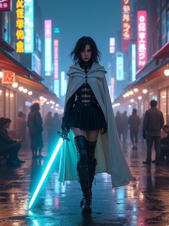 A young woman with dark hair and serious expression. She wears futuristic white cape and black armor underneath. She holds vibrant glowing cyan sword. Setting is a neon-lit cyberpunk street at night. Many people walk and sit around. Buildings display glowing signs and advertisements. Reflections on damp pavement. Scene is atmospheric and dramatic.
