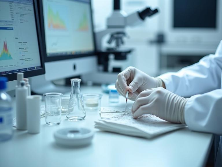 Close-up shot of researcher's hands in a clean lab. Wearing white latex gloves. Handling equipment like test tubes and microscopes. Bright sterile lab environment. Modern scientific instruments visible in the background. The setting conveys hope and dedication towards cancer research.