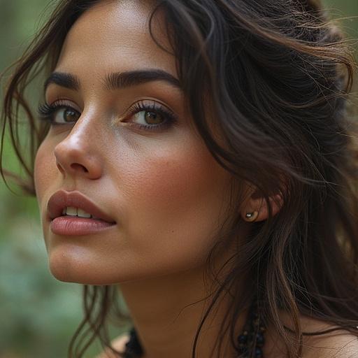 A close-up portrait of a beautiful woman with natural features. The model has long hair and an expressive gaze. A soft focus on her face creates an intimate atmosphere. The background is comprised of greenery, creating a serene environment.