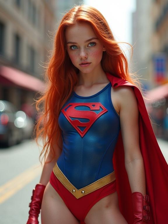 Photorealistic image of a superheroine in a modern city. Features a beautiful girl with long red hair, pale skin, and freckles. She wears a blue and red leotard costume with a cape. Posing in a cute manner on a street.