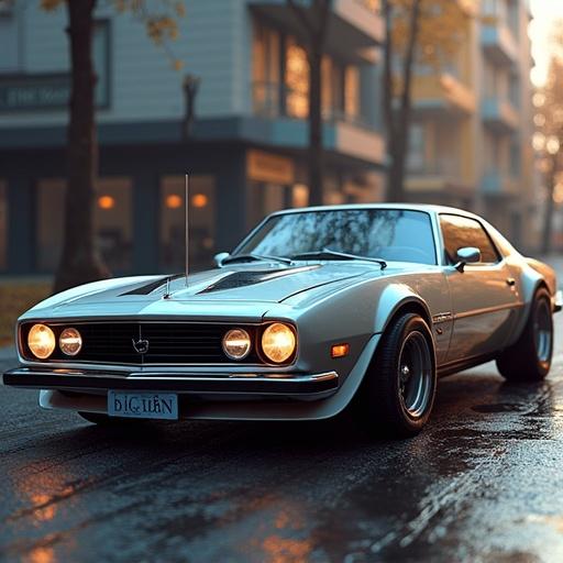 3D scanner style of a V8 Biturbo car. The car is parked on a wet street. Building in the background with reflections on the pavement.