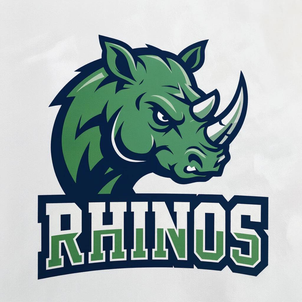 Logo design features a strong stylized rhino head viewed from a three-quarter angle. Main colors are green blue and white. Bold expression with sharp lines. The word Rhinos in large blocky letters beneath the icon.