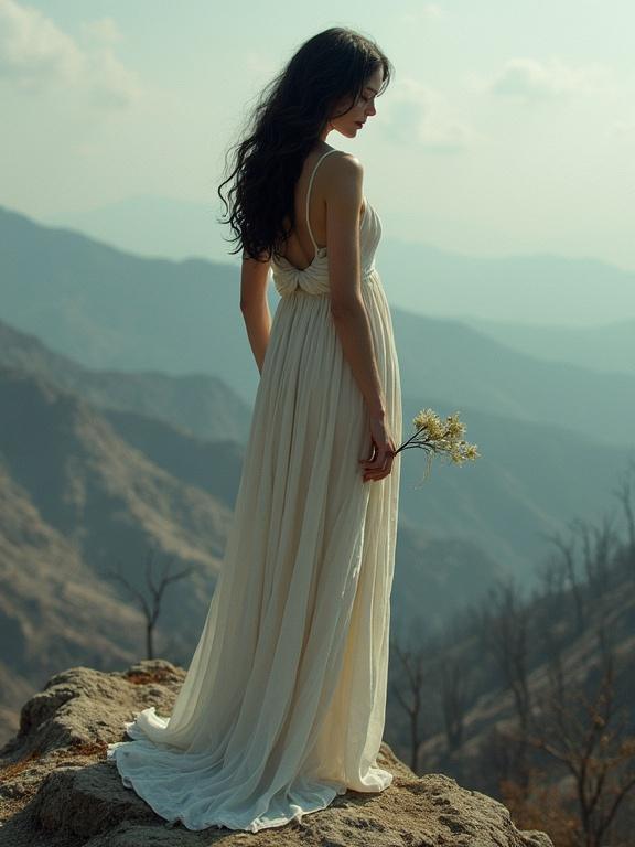 A goddess stands on a mountain with her back to the viewer. She wears a flowing cream dress and holds a wilted flower. The landscape is barren with gray mountains and scorched earth. There is a mood of loss and sorrow.
