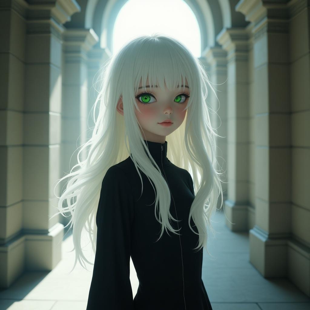 An albino girl with long white hair wearing black clothing stands in a grand architectural space. Her green eyes are striking against her pale complexion. The setting features arches and soft lighting.