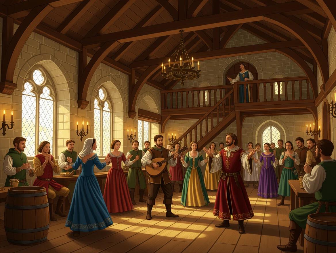 Interior of a medieval inn with people dancing. A troubadour is singing in the background. The atmosphere is bright happy and positive. The scene is realistic and very detailed.
