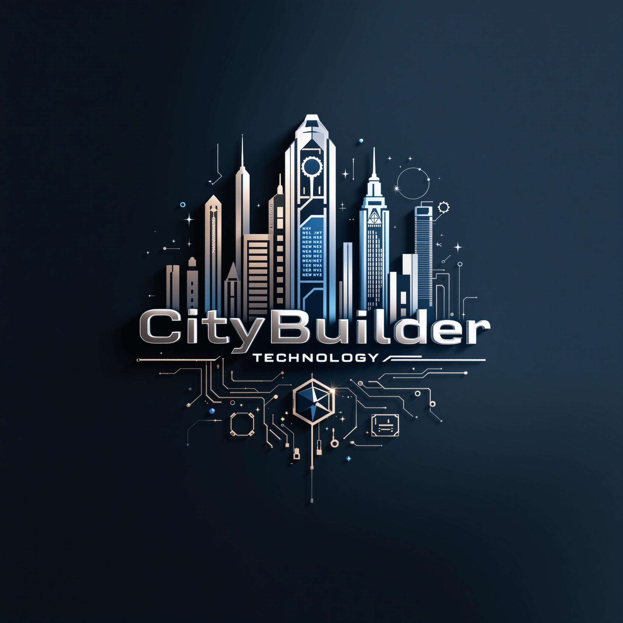 Futuristic cityscape combined with technology elements. Features sleek design representing urban growth and modernity. Includes integrated text that reads 'CityBuilder Technology'. Uses metallic and neutral colors for a sophisticated appearance.