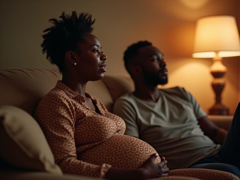 Image depicts a pregnant woman sitting on a couch in a warmly lit luxury home. She appears emotional while her husband sits silently beside her.