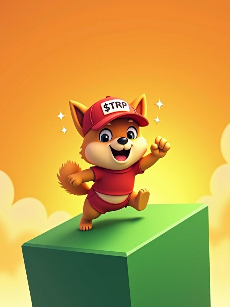 Animated scene with a golden-furred Shiba Inu cartoon. Character wears a red baseball cap with $TRP. The Shiba is climbing a massive green cube. The background is a vibrant orange gradient. Glow effects create warmth and energy. Expression of determination and triumph emphasized. Tagline reads ‘Climbing to New Heights with $TRP!’.