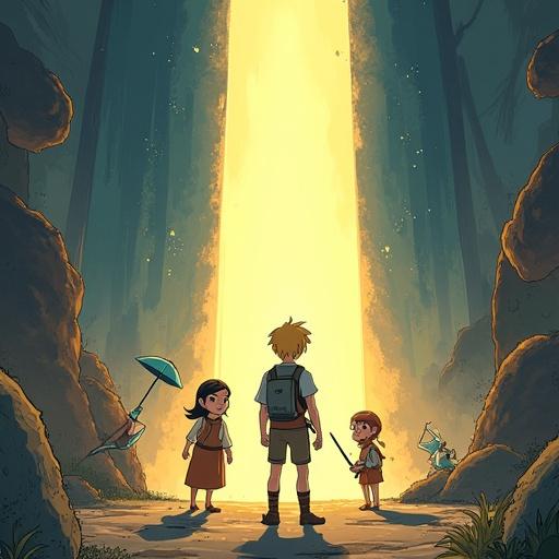 Illustration in a warm fantasy anime style. Young adventurer stands before a glowing threshold marked 'SEUIL DE L'AVENTURE'. Surrounding characters include an elven mage, a bearded warrior chef, and an agile thief embodying stages of the Hero's Journey. Each interacts with magical or culinary elements. Background features references to various adventure tropes. The atmosphere is bright, magical, humorous but heroic, rich colors, contemporary Japanese fantasy animation style.