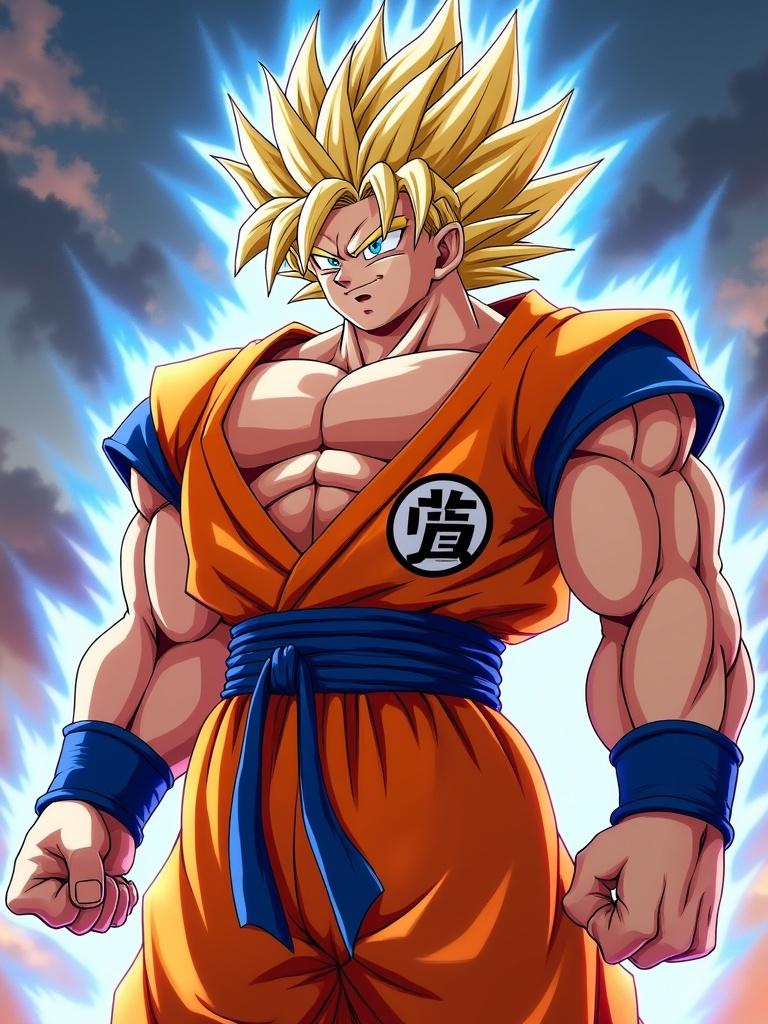 Illustration of a muscular man in Super Saiyan form. He wears an orange gi with blue accents. The pose is strong and determined. There is a dramatic sky background with an energy aura effect.