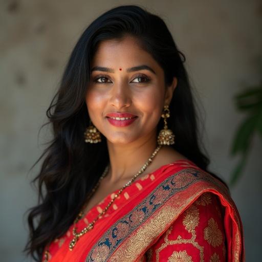 Portrait of a British Bangladeshi lady wearing traditional attire with a bright smile. Features a red saree with intricate designs and ethnic jewelry. She has long hair and an engaging expression. The background is softly blurred to focus on her.