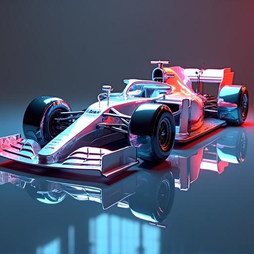 F1 car design made entirely of glass. Features prism reflections and ambient lighting. Car detailed with intricate elements.