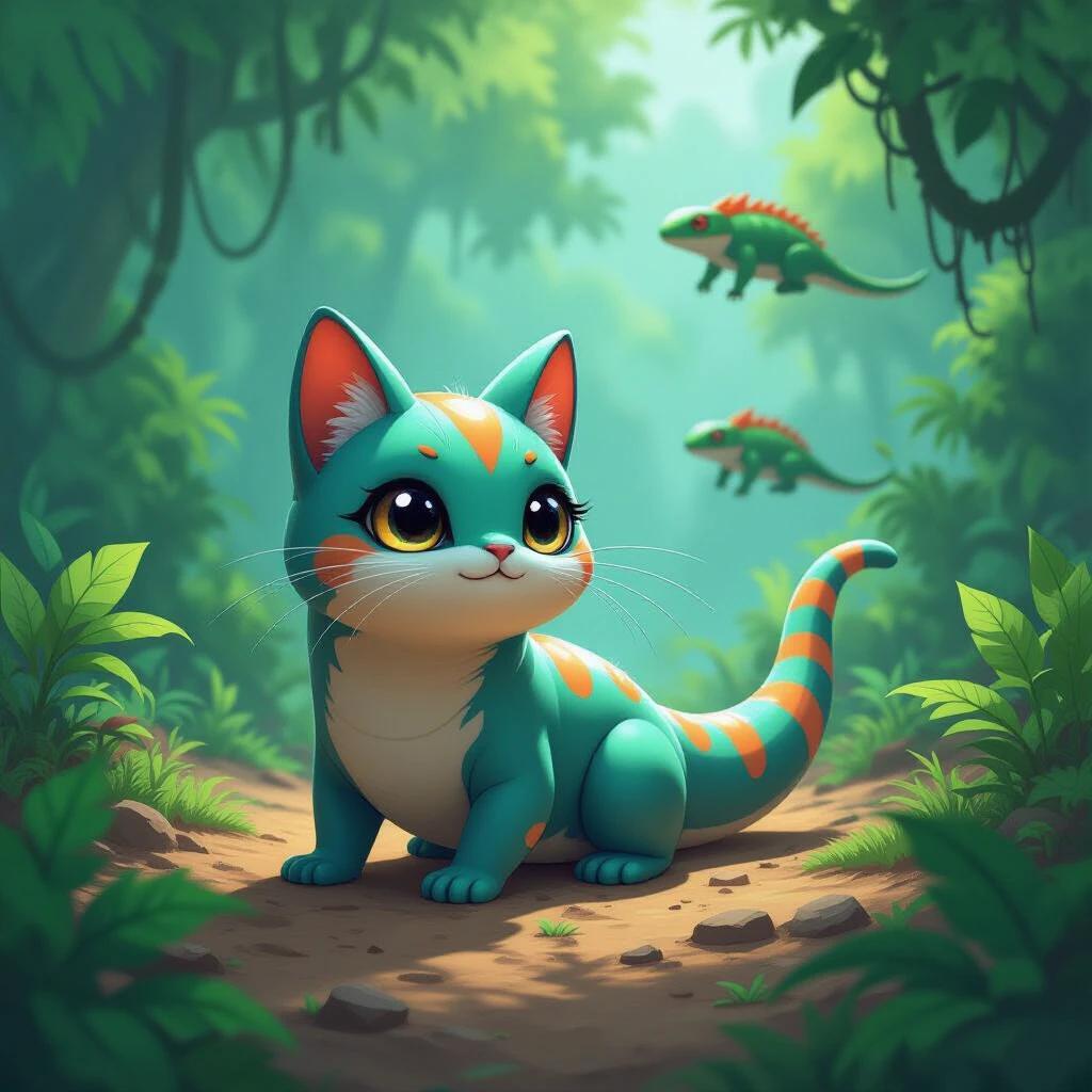 Digital illustration of a cat-like creature inspired by Slugcat from RainWorld. The creature's body is elongated with large expressive eyes and vibrant color patterns. Set in a lush jungle environment filled with greenery. Menacing lizards visible in the background, depicting action and tension. Low-angle perspective enhances motion. Dynamic lighting casts shadows around the creature and foliage. Intricate textures detail the creature's skin and the surrounding nature.