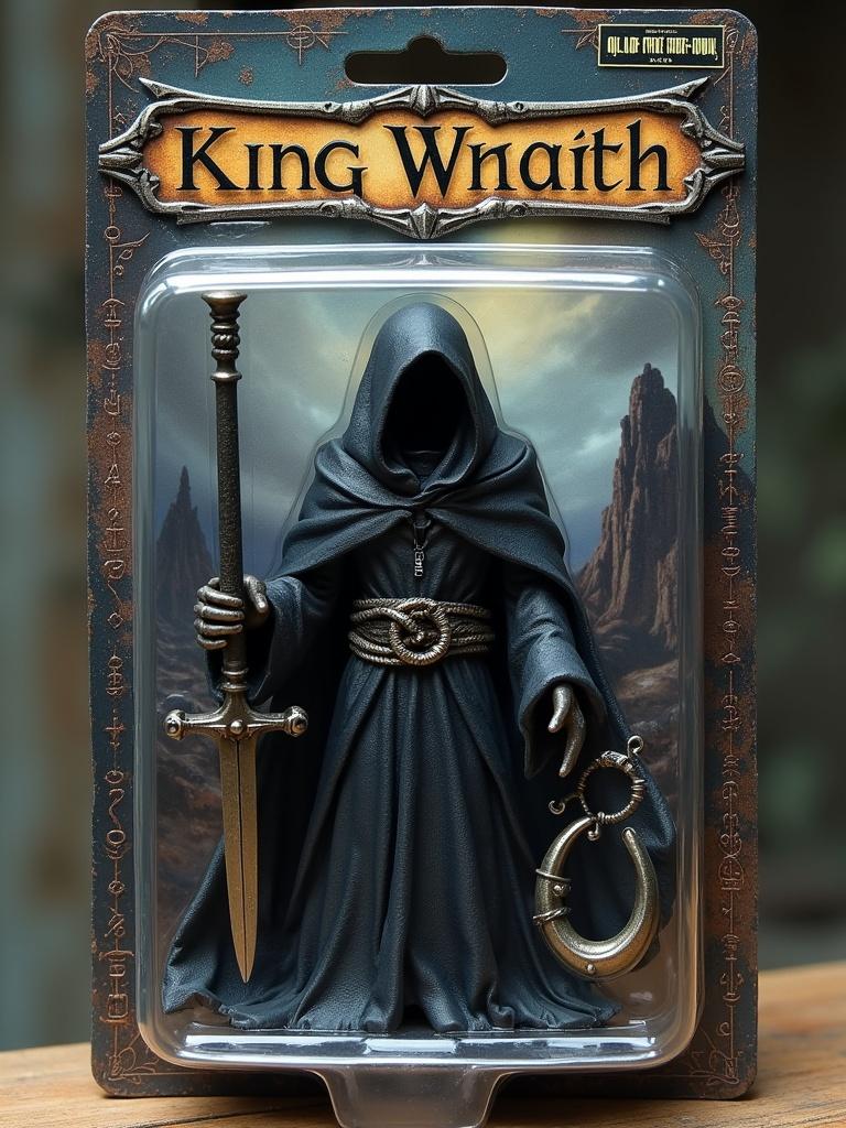 Photorealistic image of a dark wraith-like action figure in classic blister packaging. The figure wears tattered black robes with a hood, holding a long sword and a dagger. It is upright inside clear plastic packaging attached to gothic-themed cardboard. Artwork features stormy skies, dark mountains, and runes. The title 'Ring Wraith' is in metallic lettering.