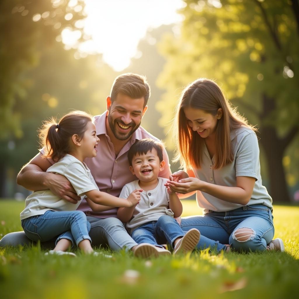 Family playing together outdoors. Children and parents are engaged in playful activities. Bright sunny day in a green setting with trees around.