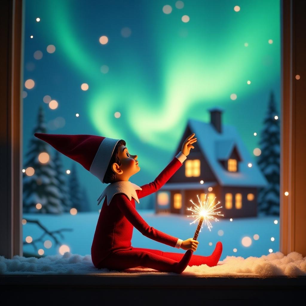 This enchanting image features an elf on the shelf sitting and gazing into the night sky. The elf, dressed in a traditional red outfit, holds a glowing wand that creates a sparkling light. In the background, vibrant northern lights dance above a cozy, holiday-decorated house. Snow blankets the ground, enhancing the winter wonderland theme. The elf's position and expression embody the magic and joy associated with Christmas festivities.