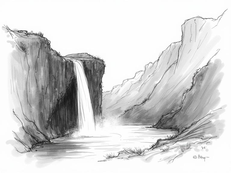 Highly detailed sketch of a waterfall in a natural landscape. Black line art on a white background. Non-abstract style. 