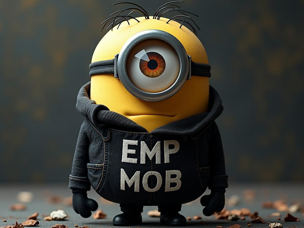 The image features an animated character resembling a Minion from popular media, dressed in a dark, edgy outfit with the words 'EMP MOB' on the torso. The character stands confidently in the center with a large, singular eye and quirky hair strands. The backdrop is slightly blurred, with earthy tones and scattered elements adding texture to the scene.