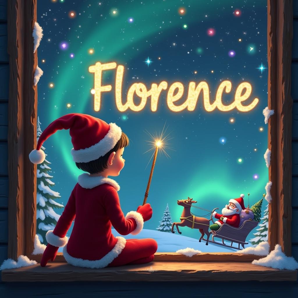 The image showcases an enchanting Christmas scene. An elf with a pointed hat sits on a window ledge, back to the viewer. He uses a wand to write 'Florence' in shimmering script. Behind him, colorful northern lights illuminate the sky. Santa Claus rides in his sleigh, adding to the festive charm. This scene captures the joyous spirit of the holiday season beautifully.