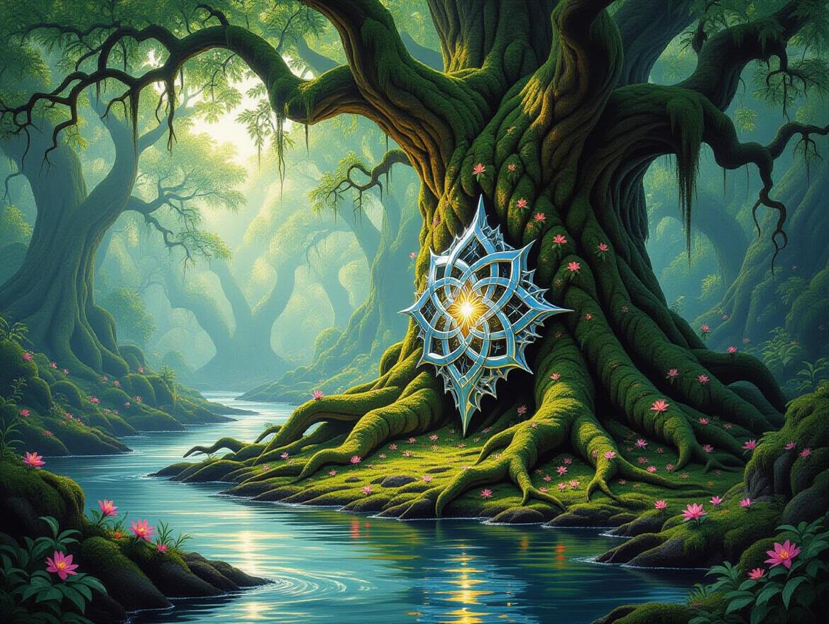 A vast elven forest filled with massive ancient trees. The trees are covered in moss with glowing flowers. At the river's edge gnarled roots of a giant tree hold a strange artifact. The artifact is a thorn-like sculpture with a polished chrome surface. The setting feels both ancient and alien.