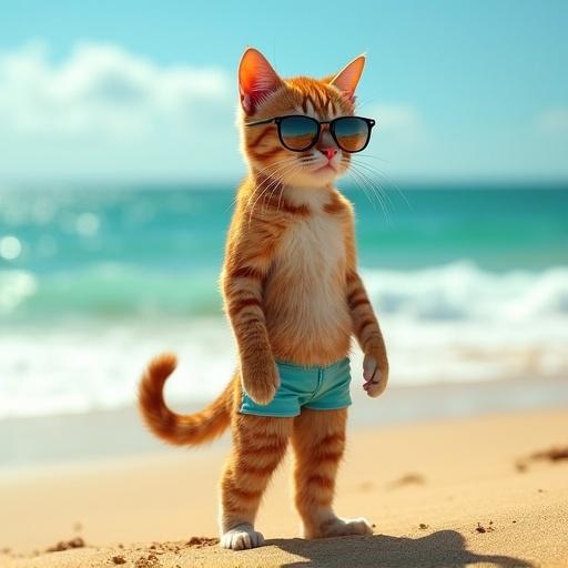 Photorealistic image of a cat with a human body wearing stylish swim trunks and mirrored sunglasses standing on golden sand. Cat gazes at the ocean horizon. Image taken from side view emphasizing anatomical details and posture. Realistic feline head with expressive eyes hidden behind sunglasses. Natural human body anatomy toned but not exaggerated. Fur on chest and arms blends seamlessly into human skin. Tail naturally drapes along leg. Fashionable swim trunks and designer sunglasses. Sand particles cling to legs. Fine golden sand with detailed texture. Turquoise waves with white foam. Gentle breeze ruffles ear fur.