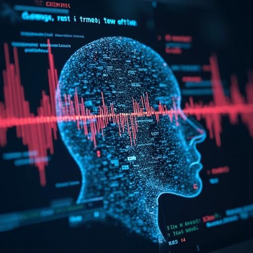 Digital representation of a human head silhouette with data streams and sound waves. Integrates elements of text, audio, video, and code in a futuristic style.