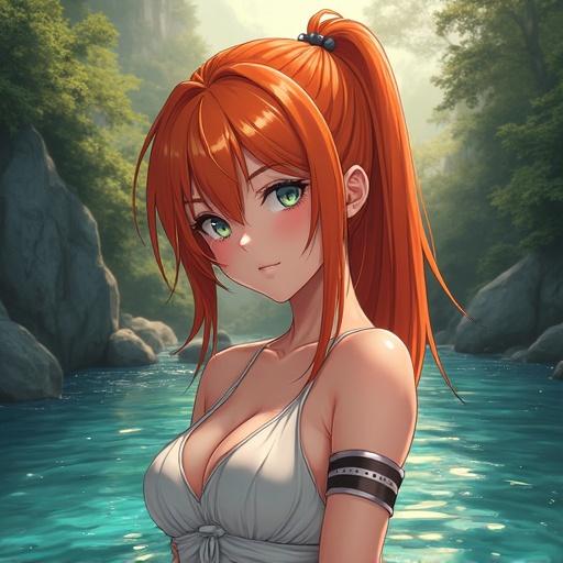 Anime themed image featuring a girl with orange hair in a fantasy river setting. She has a captivating look and is in close-up. The background includes a lush river environment.